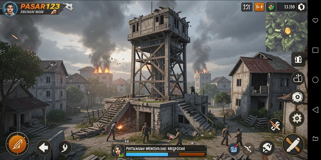Tampilan gameplay PASAR123 dengan menara pertahanan yang beraksi.